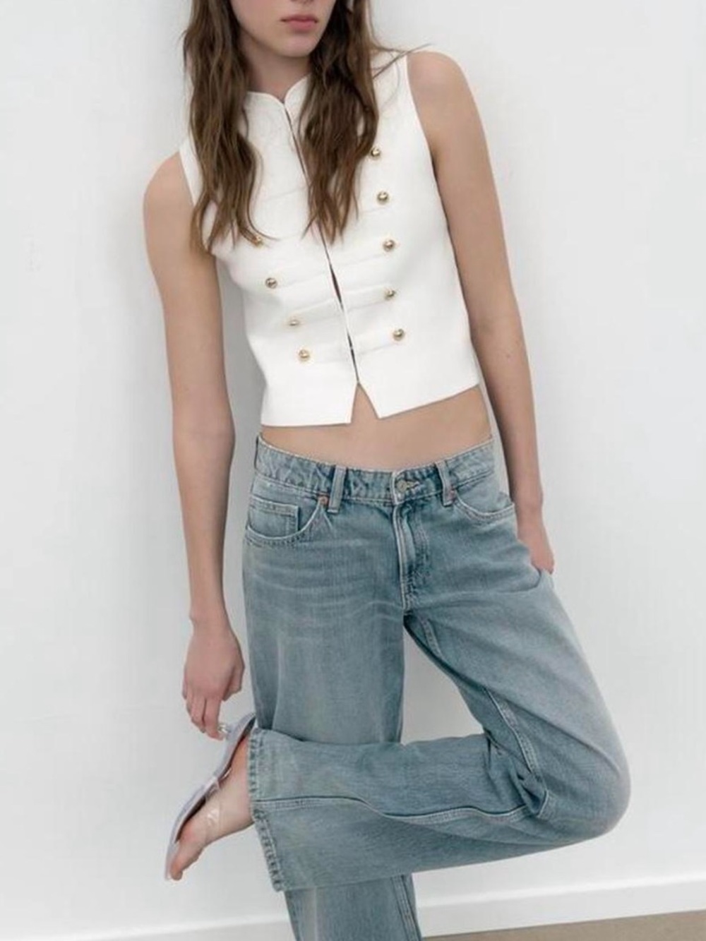 Zara White Double-Breasted Sleeveless Military Vest with Gold Buttons